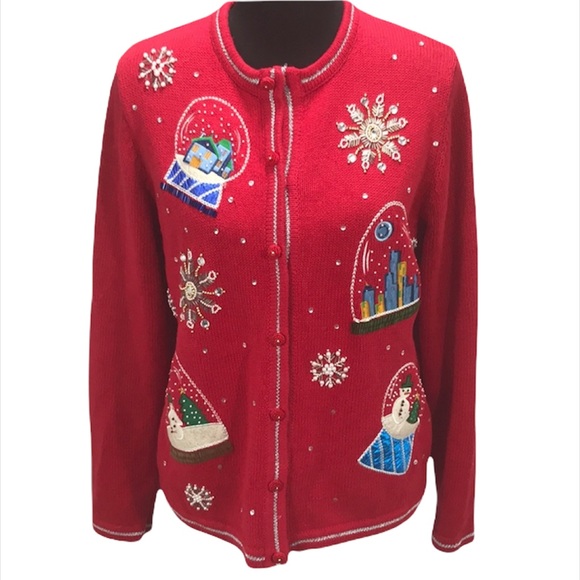 All Points Snow Globe Christmas Cardigan Sweater, Red, Medium - Picture 6 of 6